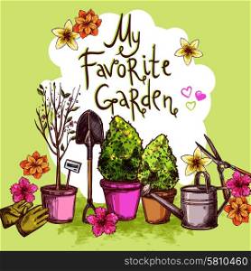 Garden sketch set with seedling equipment and plants and flowers in pots vector illustration. Garden Sketch Set
