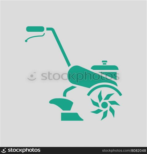 Garden tiller icon. Gray background with green. Vector illustration.