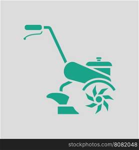 Garden tiller icon. Gray background with green. Vector illustration.