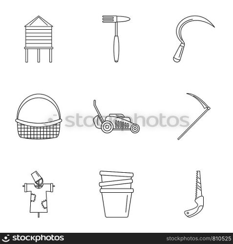 Garden tool icon set. Outline set of 9 garden tool vector icons for web design isolated on white background. Garden tool icon set, outline style