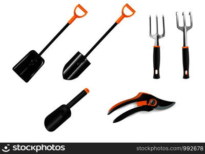 Garden tool vector illustration. Gardening equipment: rake, shovel, scissors, lawnmower collection set. Isolated on white background.. Gardening equipment: rake, shovel, scissors set