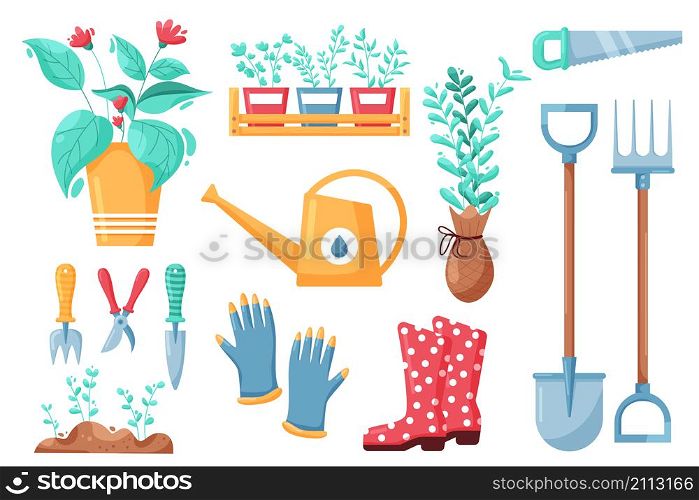 Garden tools. Cartoon farm and soil work cartoon instruments, landscape and irrigation equipment. Vector cultivation and horticulture tool set elements agricultural isolated collection. Garden tools. Cartoon farm and soil work cartoon instruments, landscape and irrigation equipment. Vector cultivation and horticulture tool set