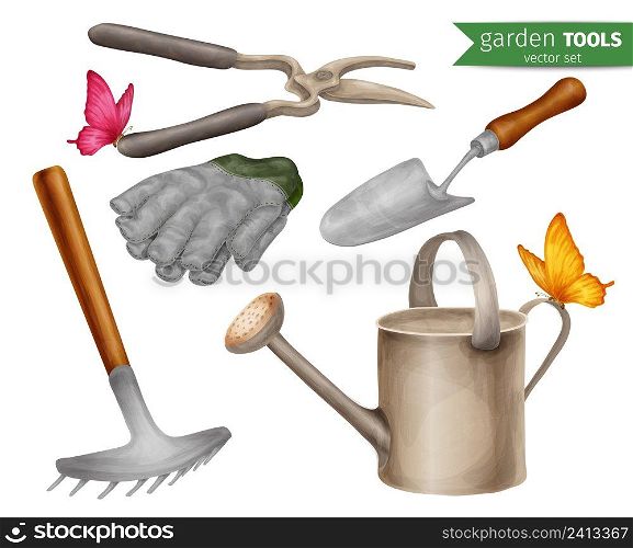 Garden tools farming agriculture equipment decorative icons set isolated vector illustration.