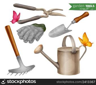 Garden tools farming agriculture equipment decorative icons set isolated vector illustration.