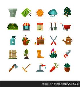 Garden tools, gardening equipment flat vector icons. Shovel and rake for garden, illustration of farm, garden with tree. Garden tools, gardening equipment flat vector icons