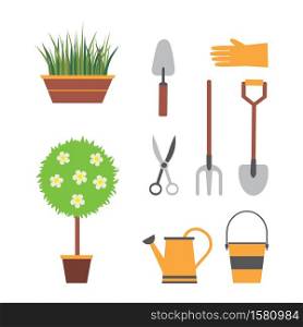 garden tools, gardening, set for garden with plants, shovel, watering can, bucket forks scissors. garden set with tools