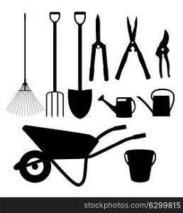 Garden Tools, Instruments Flat Icon Collection Set. Shovel, bucket, rake, secateurs, scissors, wheelbarrow and watering Vector Illustration EPS10. Garden Tools, Instruments Flat Icon Collection Set. Shovel, buck