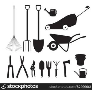 Garden Tools, Instruments Flat Icon Collection Set. Shovel, bucket, rake, secateurs, scissors, wheelbarrow and watering Vector Illustration EPS10. Garden Tools, Instruments Flat Icon Collection Set. Shovel, buck