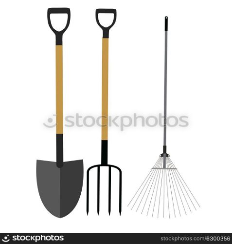 Garden Tools, Instruments Flat Icon Collection Set. Shovel, Rake and Pitchfork Vector Illustration EPS10. Garden Tools, Instruments Flat Icon Collection Set. Shovel, Rake
