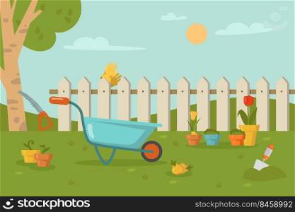 Garden tools lying on grass in front of fence. Wheelbarrow, shovel, sawing a tree, gloves on fence, flowers in pots cartoon illustration. Gardening, hobby, agriculture concept