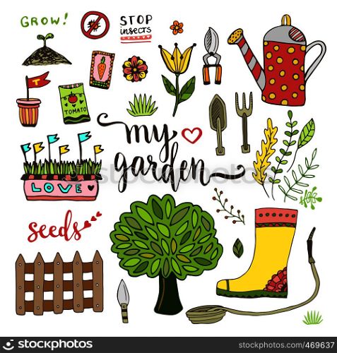 Garden tools set with seed packets, tree and watering can. Vector doodle element. Garden tools set with seed packets, tree and watering can. Vector doodle elements