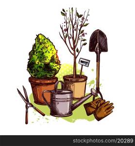 Garden tools set with sketch plants in pots and seedling equipment vector illustration. Garden Tools Set