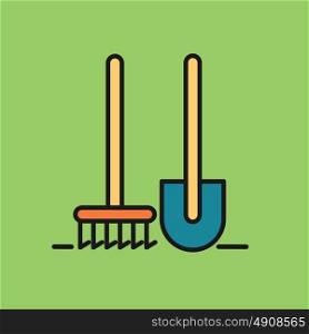 Garden tools. Tools for working in the garden. Shovel and rake. Vector icon.