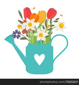 Garden watering can with spring flowers tulips and daffodils. Vector Illustration. Garden watering can with spring flowers tulips and daffodils. Vector Illustration EPS10
