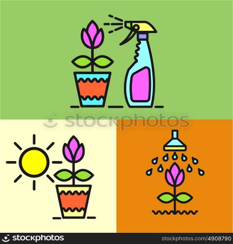 Garden, watering the flowers, spraying colors from pests, watering flowers, potted plant, spray, set of vector icons.