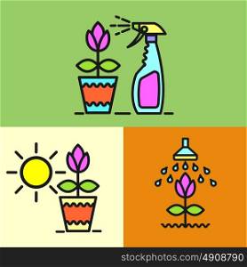 Garden, watering the flowers, spraying colors from pests, watering flowers, potted plant, spray, set of vector icons.