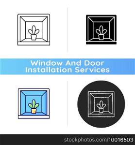 Garden windows icon. Outward projecting from wall. Keeping indoor garden. Light penetration. Three-dimensional glass window. Linear black and RGB color styles. Isolated vector illustrations. Garden windows icon