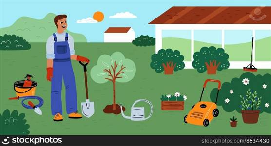 Garden work. Horticulture hobby and lifestyle. Happy guy in work clothes with shovel. Man planting trees in backyard. Plants care agricultural tools. Gardener watering seedlings. Garish vector concept. Garden work. Horticulture hobby and lifestyle. Guy in work clothes. Man planting trees in backyard. Plants care agricultural tools. Gardener watering seedlings. Garish vector concept
