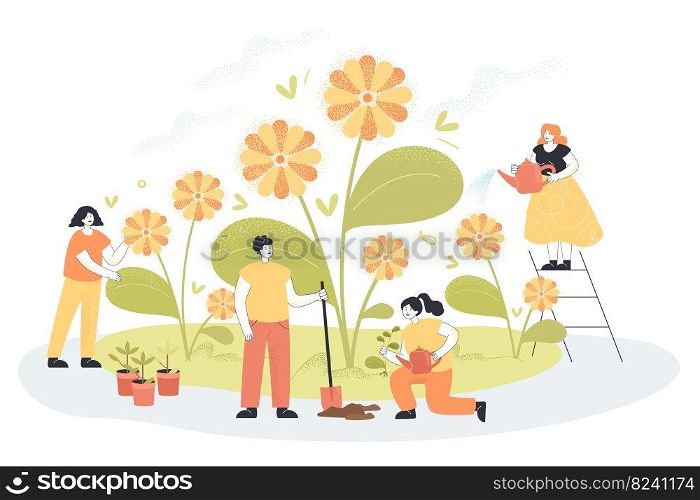 Garden work of people growing yellow flowers in spring together. Tiny persons watering plants, happy florists gardening springtime flat vector illustration. Nature, hobby, agriculture concept. Garden work of people growing yellow flowers in spring together