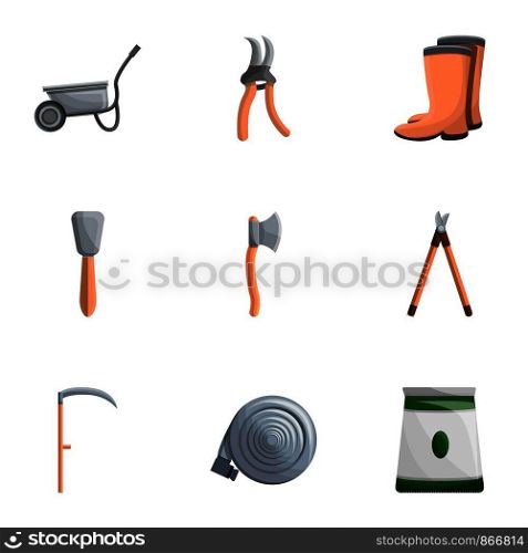 Garden work tools icon set. Cartoon set of 9 garden work tools vector icons for web design isolated on white background. Garden work tools icon set, cartoon style