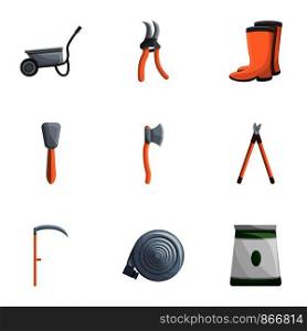 Garden work tools icon set. Cartoon set of 9 garden work tools vector icons for web design isolated on white background. Garden work tools icon set, cartoon style