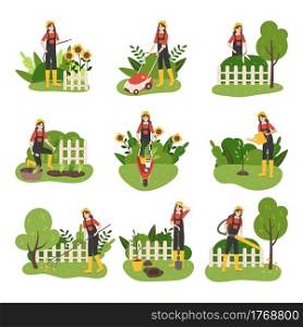 Gardener. Cartoon woman mows lawn. Character cuts green trees or bushes. Cute gardener planting and watering seedlings. Young female removes fallen leaves in yard. Vector farmer&rsquo;s activities set. Gardener. Cartoon woman mows lawn. Character cuts green trees or bushes. Gardener planting and watering seedlings. Female removes fallen leaves in yard. Vector farmer&rsquo;s activities set