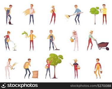 Gardener Characters Icon Set. Farmer gardener cartoon people characters set of isolated young male and female figures with gardening equipment vector illustration