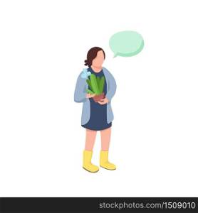 Gardener flat color vector faceless character. Woman with cactus in pot. Girl hold potter houseplant. Person with speech bubble isolated cartoon illustration for web graphic design and animation