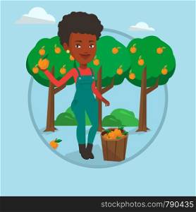 Gardener holding an orange on background of orange trees. Gardener collecting oranges. Gardener standing near basket with oranges. Vector flat design illustration in the circle isolated on background.. Farmer collecting oranges vector illustration.