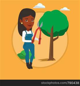 Gardener holding pruner. Gardener is going to trim branches of a tree with pruner. Gardener working in the garden with pruner. Vector flat design illustration in the circle isolated on background.. Farmer with pruner in garden vector illustration.