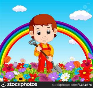 gardener holding shovel in a flower garden with rainbow