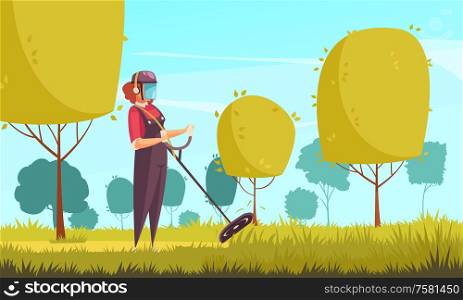 Gardener in autumn background with trees and lawn trimming flat vector illustration