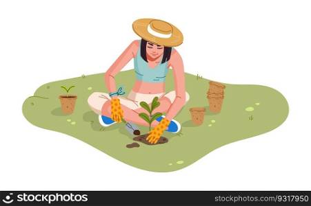 Gardener or farmer woman character planting plants at garden, vector agriculture, gardening or farming. Cartoon cheerful girl personage planting seedlings of flowers or vegetables with garden shovel. Gardener or farmer woman character planting plants
