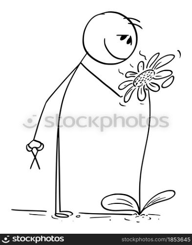 Gardener or person is enjoying smell of blooming flower in garden, vector cartoon stick figure or character illustration.. Person or Gardener Is Enjoying Smell of Blooming Flower, Vector Cartoon Stick Figure Illustration