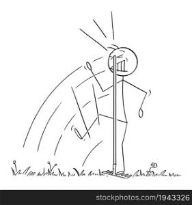 Gardener, person or farmer step on rake hidden in grass and was hit to head, vector cartoon stick figure or character illustration.. Person or Gardener or Farmer Step on Rake Hidden in Grass and Was Hit to Head , Vector Cartoon Stick Figure Illustration