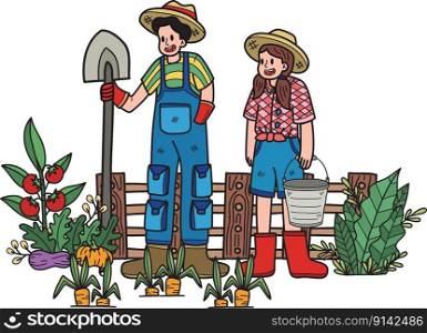 gardener planting vegetables illustration in doodle style isolated on background