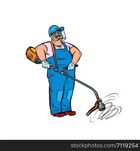 gardener with manual lawn mower. Pop art retro vector illustration drawing. gardener with manual lawn mower