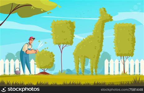 Gardener work background with trees and bushes trimming flat vector illustration