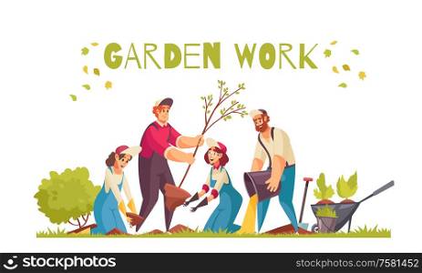 Gardener work concept with trees and vegetables planting flat vector illustration
