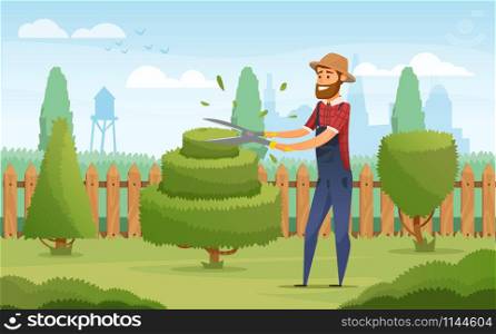 Gardener working in garden cartoon icon. Landscape designer in blue overalls pruning or trimming green tree and shrub with shears for gardening and landscape design profession design. Gardener with tool working in garden icon design
