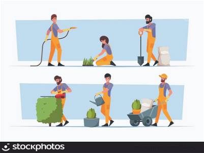 Gardeners. Agriculture characters people growth plants harvest person fruits and vegetables tree garish vector flat illustrations set isolated. Illustration of gardener care and grow. Gardeners. Agriculture characters people growth plants harvest person fruits and vegetables tree garish vector flat illustrations set isolated