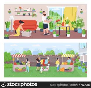 Gardeners and farmers flat color vector illustration set. Family growing houseplants. Farmer market. Community marketplace. Urban garden 2D cartoon landscape with characters on background collection. Gardeners and farmers flat color vector illustration set