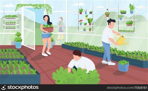 Gardeners in greenhouse flat color vector illustration. Farmers cultivating and watering plants. Care for vegetation. Urban agriculture facility 2D cartoon interior with characters on background. Gardeners in greenhouse flat color vector illustration