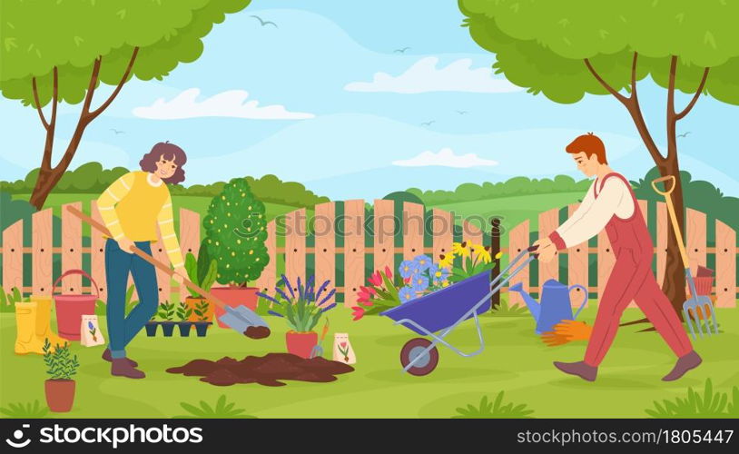 Gardeners taking care of garden, man and woman with gardening tools. Gardener digging ground, planting flowers in garden vector illustration. People working together on backyard, growing plants. Gardeners taking care of garden, man and woman with gardening tools. Gardener digging ground, planting flowers in garden vector illustration