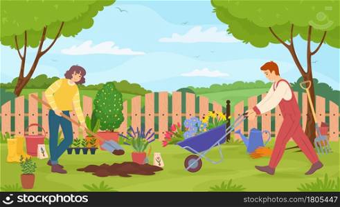 Gardeners taking care of garden, man and woman with gardening tools. Gardener digging ground, planting flowers in garden vector illustration. People working together on backyard, growing plants. Gardeners taking care of garden, man and woman with gardening tools. Gardener digging ground, planting flowers in garden vector illustration
