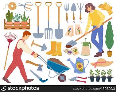 Gardeners with gardening equipment and tools, horticultural elements, plants. Shovel, watering can, seeds. People caring for garden vector set using wheelbarrow and cultivating tools. Gardeners with gardening equipment and tools, horticultural elements, plants. Shovel, watering can, seeds. People caring for garden vector set
