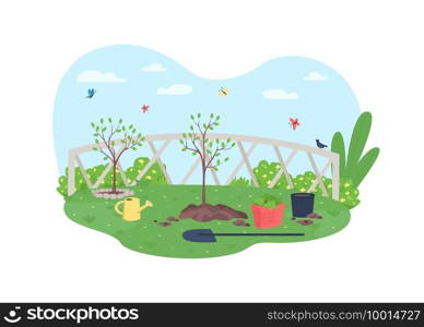 Gardening 2D vector web banner, poster. Horticulture and plant care. Watering stem. Spring yard flat scenery on cartoon background. Tree cultivating printable patch, colorful web element. Gardening 2D vector web banner, poster