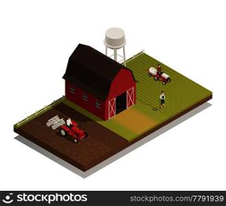 Gardening agricultural machinery isometric composition  with fertilizer and disc harrow tractor cultivator plowing on farmland vector illustration   . Gardening Farm Machinery Isometric Composition 