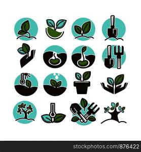 Gardening, agriculture and horticulture vector icons and logo templates of plant and tree green leaf for gardener farming. Plant vector icons for gardening and agriculture