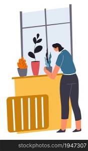 Gardening and caring for potted plants, Woman doing routine chores and everyday work. Windowsill with flowers in pots, leisure and maintenance of beauty at home interior. Vector in flat style. Woman cleaning house caring for plants in pots